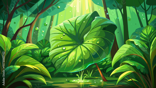 Very beautiful Big green elephant ear leaf in a lush forest of amazing sunlight with water droplets after a fresh rain.