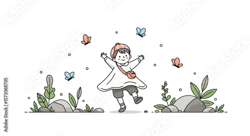 A joyful child dances among delicate butterflies surrounded by nature's soft beauty and gentle breezes creating moments of pure bliss