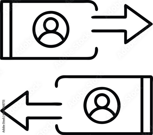 Simple line art icon illustrating money transfer between two accounts with arrows