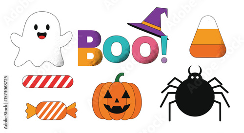 Adorable spooky halloween icons featuring a cute ghost pumpkin candy corn witch hat spider and festive treats for celebrations and decorations