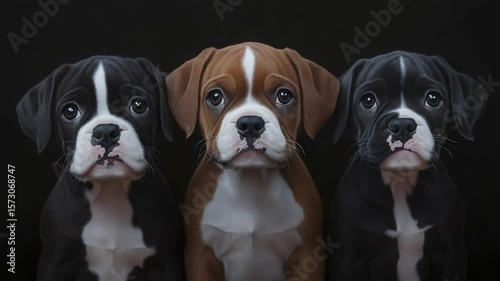 Three adorable boxer puppies sitting together, one black, one brown, and one black and white.