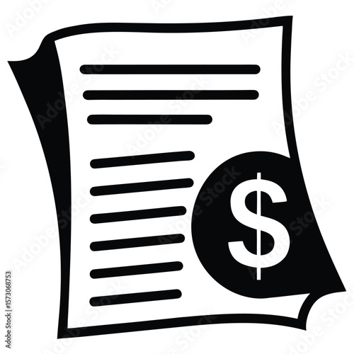 A document with horizontal lines contains a black circle embedding a white dollar sign