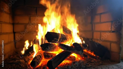 Burning firewood in a brick fireplace creating warm ambiance  