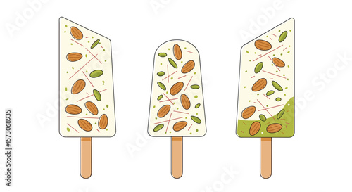 Delicious creamy frozen dessert bars packed with nuts and green herbs in multiple angled views on a white background representing a delightful summer treat