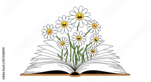 Joyful daisies blooming from an open book symbolizing imagination and the happiness of reading stories and learning new things