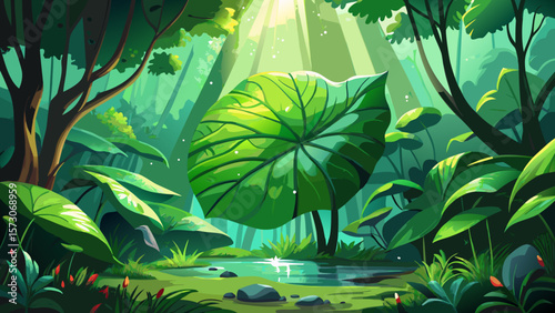 Very beautiful Big green elephant ear leaf in a lush forest of amazing sunlight with water droplets after a fresh rain.