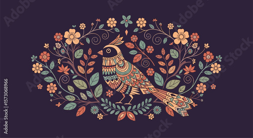 A stylized pixel art illustration of a colorful bird surrounded by a floral embellishment on a dark purple background