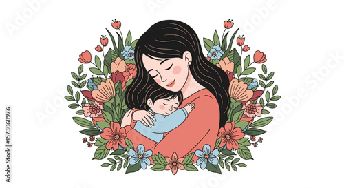 A loving mother embraces her child surrounded by a beautiful garland of flowers celebrating family and connection