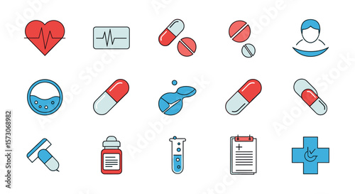 Collection of medical and healthcare icons featuring pharmaceuticals and diagnostic tools for health services