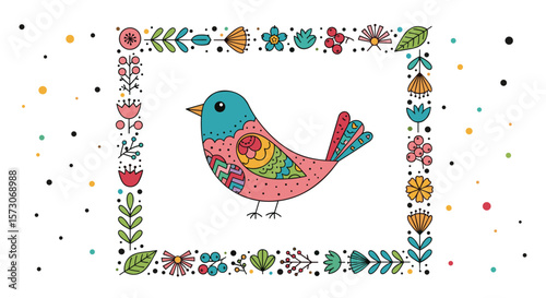 Charming whimsical bird illustration surrounded by a decorative floral border and scattered confetti particles