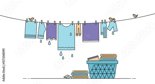 Brightly colored clothing gently dries on a clothesline on a sunny day with a basket of folded laundry below