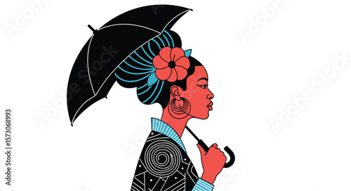 Elegant woman with elaborate hairstyle and umbrella in a traditional outfit on a white background featuring vibrant colors and intricate patterns