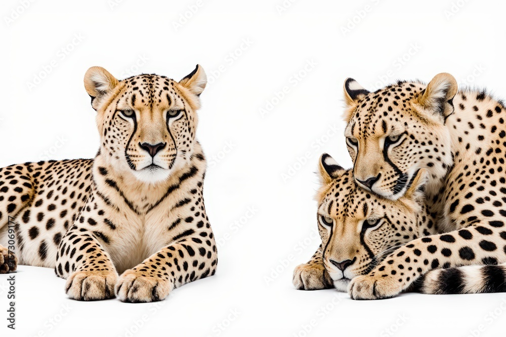 Fototapeta premium Cheetah Companionship: Two cheetahs share a moment of togetherness, their distinctive spots and powerful build showcased in stunning detail, demonstrating the elegance of these incredible animals.