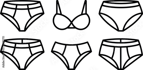 Vector illustration: Modern lingerie line art; panties and bra icons.