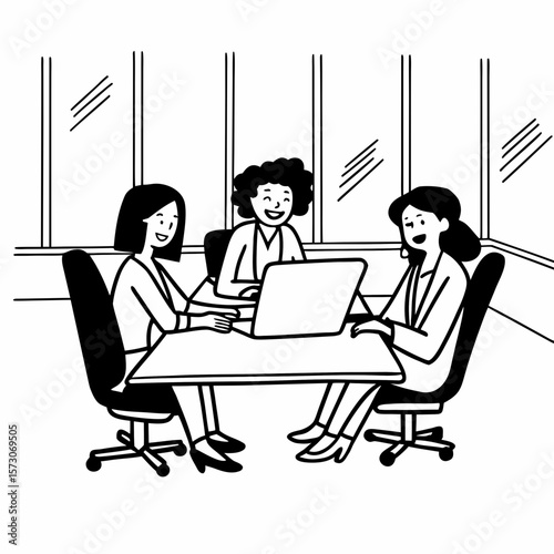 Happy multiethnic business women working together online on a laptop in corporate office