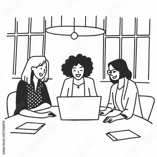 Happy multiethnic business women working together online on a laptop in corporate office