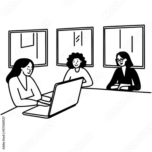 Happy multiethnic business women working together online on a laptop in corporate office