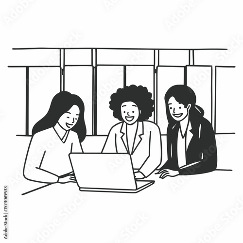 Happy multiethnic business women working together online on a laptop in corporate office