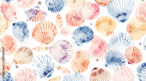 Watercolor background pattern different shells on white background
