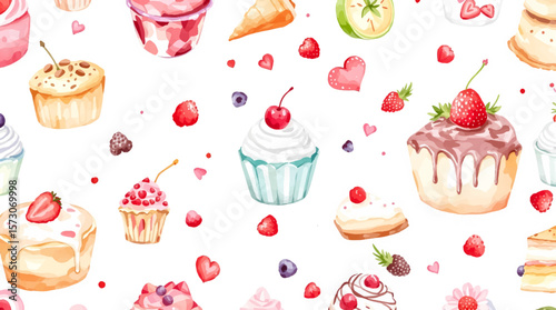 Watercolor Sweet desserts pattern on white background
