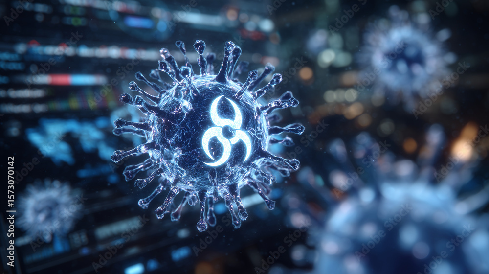 Obraz premium Futuristic medical illustration with translucent virus cells orbiting a central biohazard sign, neon glow and data overlays suggesting scientific analysis and global alert