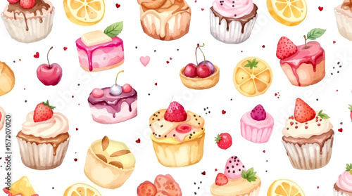 Watercolor Sweet desserts pattern on white background
