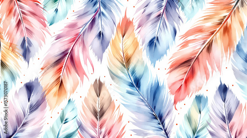 Watercolor feathers pattern on white background