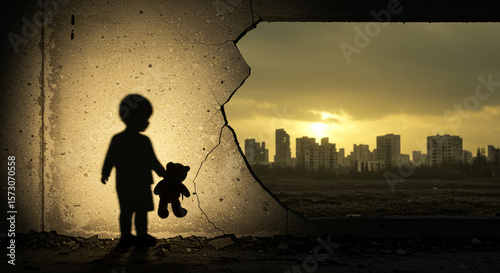 A silhouette of a child with a teddy bear, gazing at a city through a hole in a wall. 
