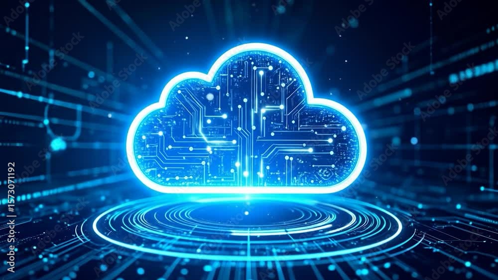 Glowing cloud icon with circuit board interior, above concentric circles, against a blue digital matrix