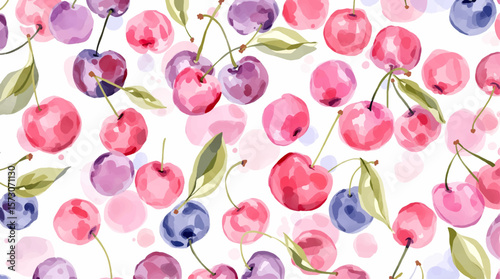 Watercolor red cherries on white background seamless vector pattern	