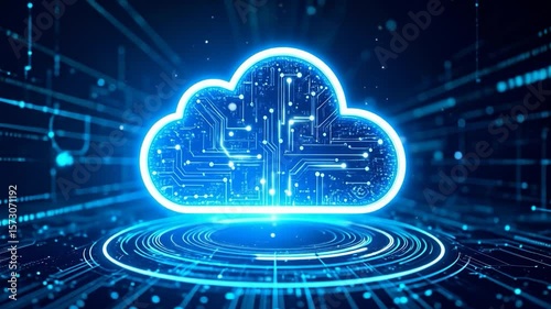 Glowing cloud icon with circuit board interior, above concentric circles, against a blue digital matrix