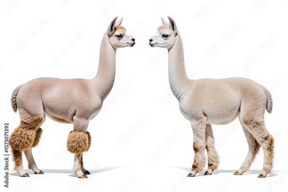 Obraz premium Shorn Alpacas: A fascinating view of two alpacas, one fully shorn and the other partially so, with their graceful silhouettes against a clean backdrop.