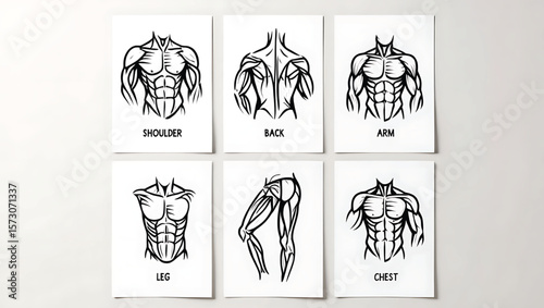 Six Black and White Anatomical Muscle Diagrams of Male Torso Legs Shoulders Back and Arms on