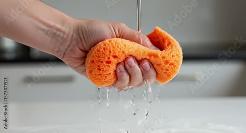 Squeezing orange kitchen sponge under running water in a modern kitchen  
