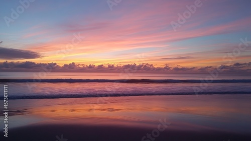 Serene sunset over a tranquil ocean, reflecting vibrant colors in the calm waters.  The sky showcases a breathtaking display of pink, orange, and purple hues