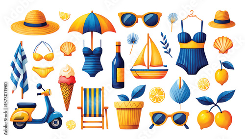 Summer Vacation Essentials Collection Blue Yellow Watercolor Style Illustration Beachwear