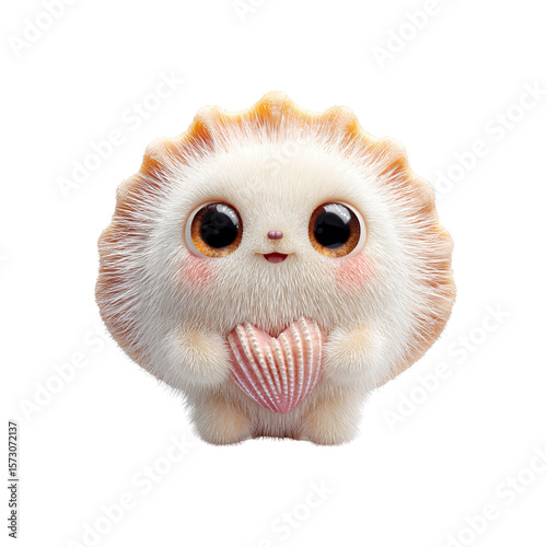 Adorable Fluffy Creature Holding a Seashell Heart - 3D Rendered Digital Art
