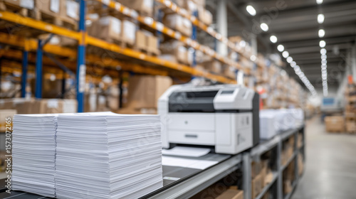 Industrial document center with pristine paper stacks lined up beside a multifunction printer, steel shelving packed with white files and folders in deep perspective