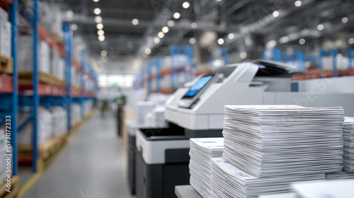 Industrial document center with pristine paper stacks lined up beside a multifunction printer, steel shelving packed with white files and folders in deep perspective