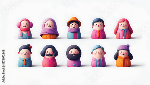 Ten Diverse 3 D Rendered Cartoon Characters Smiling Wearing Winter Clothing Against White Background