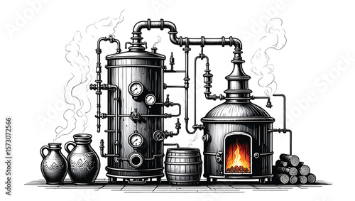 Vintage Distillery Equipment Steam Pipes Gauges Wooden Barrel Clay Jugs Fire Black White
