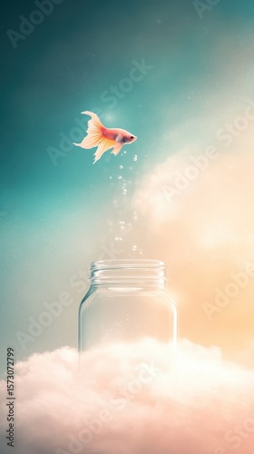 Fish leaps from jar into endless sky scenery.