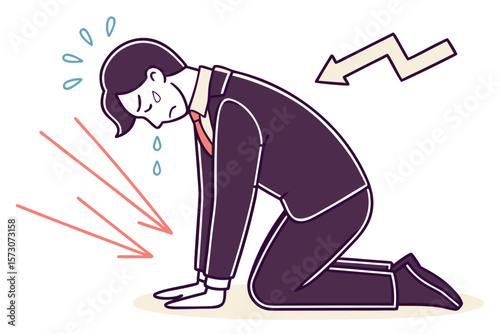 Stressed businessman kneeling with sweat and arrows symbolizing failure
