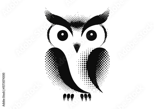 Stylized black and white owl illustration with dotted texture