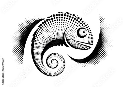 Stylized black and white chameleon illustration with dotted texture