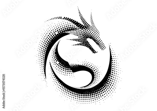Stylized black and white dragon illustration with dotted texture