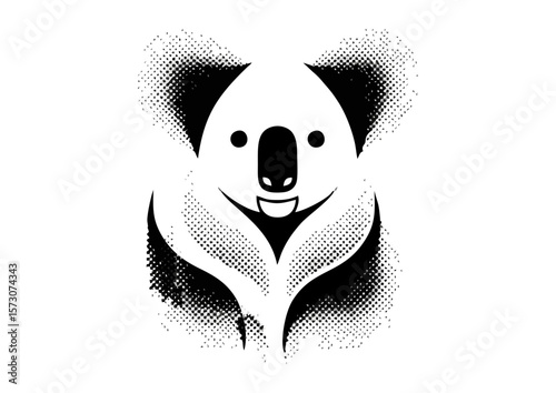 Stylized black and white koala illustration with dotted texture