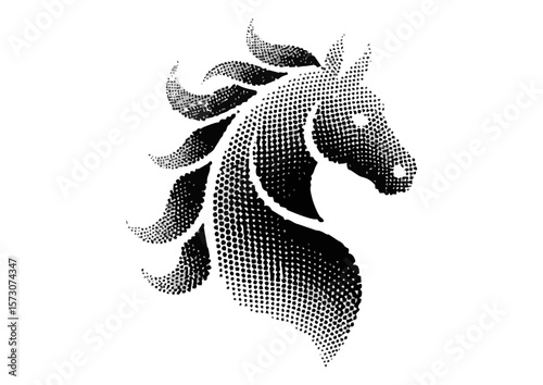 Stylized black and white unicorn illustration with dotted texture