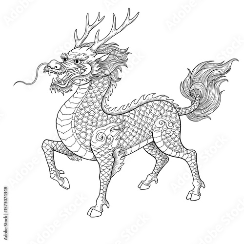 Kirin (Qilin) ​​- a mythical creature in black and white oriental style similar to a deer, with scales, hooves and horns, a symbol of good luck, harmony, for tattoo design, spiritual projects, retreat