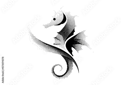 Stylized black and white seahorse illustration with dotted texture